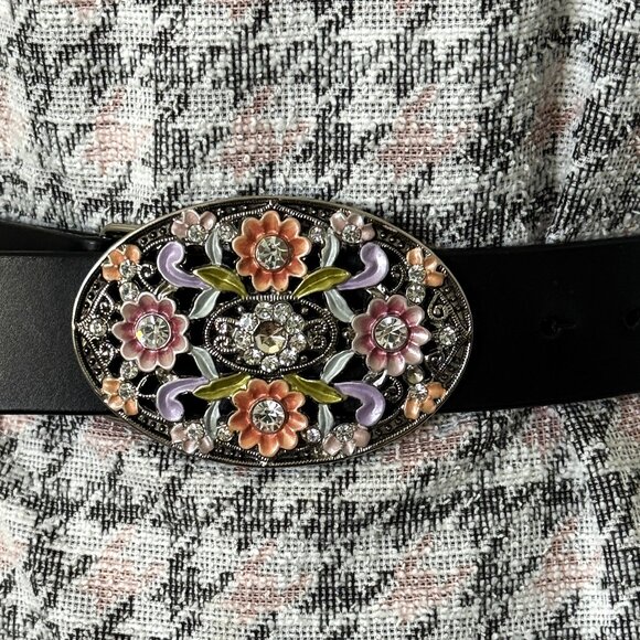 Volcom Large Belt Women's Dark Brown Leather XL Multicolor Floral Enamel Crystal - Picture 7 of 12